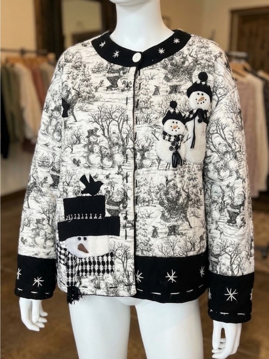 Unknown Sweaters - Vintage Quilted Snowman Christmas Jacket Black White Applique Winter Coat L